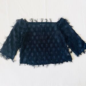 Zara Womens Top Fringe Polka Dot Fashion Semi Sheer Boat Off Shoulder Sleeve XS